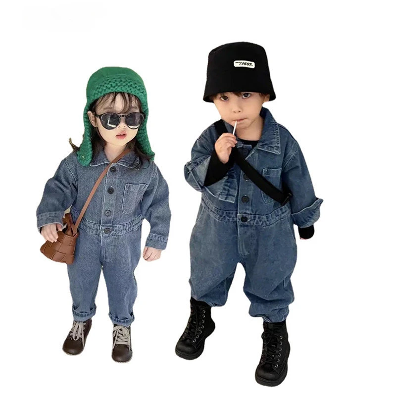 

ZHIO Kids Clothes Spring Autumn Casual Romper Children's Lapel Jeans Jumpsuit Boys Girls Outwear Long-sleeved trousers 9M-7Y