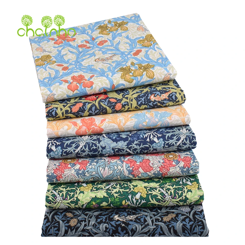 Chainho,Printed Plain Weave Poplin Cotton Fabric,DIY Quilting Sewing Material,Patchwork Cloth,Floral Series,2 Sizes,15PC213