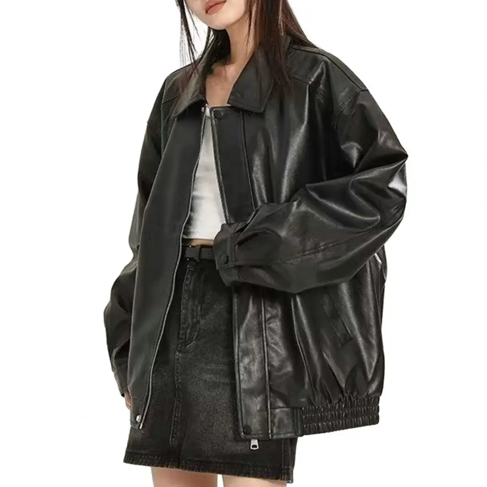 Women's Winter Warm synthetic Leather Turn Down Collar Zipper Jacket with Belt