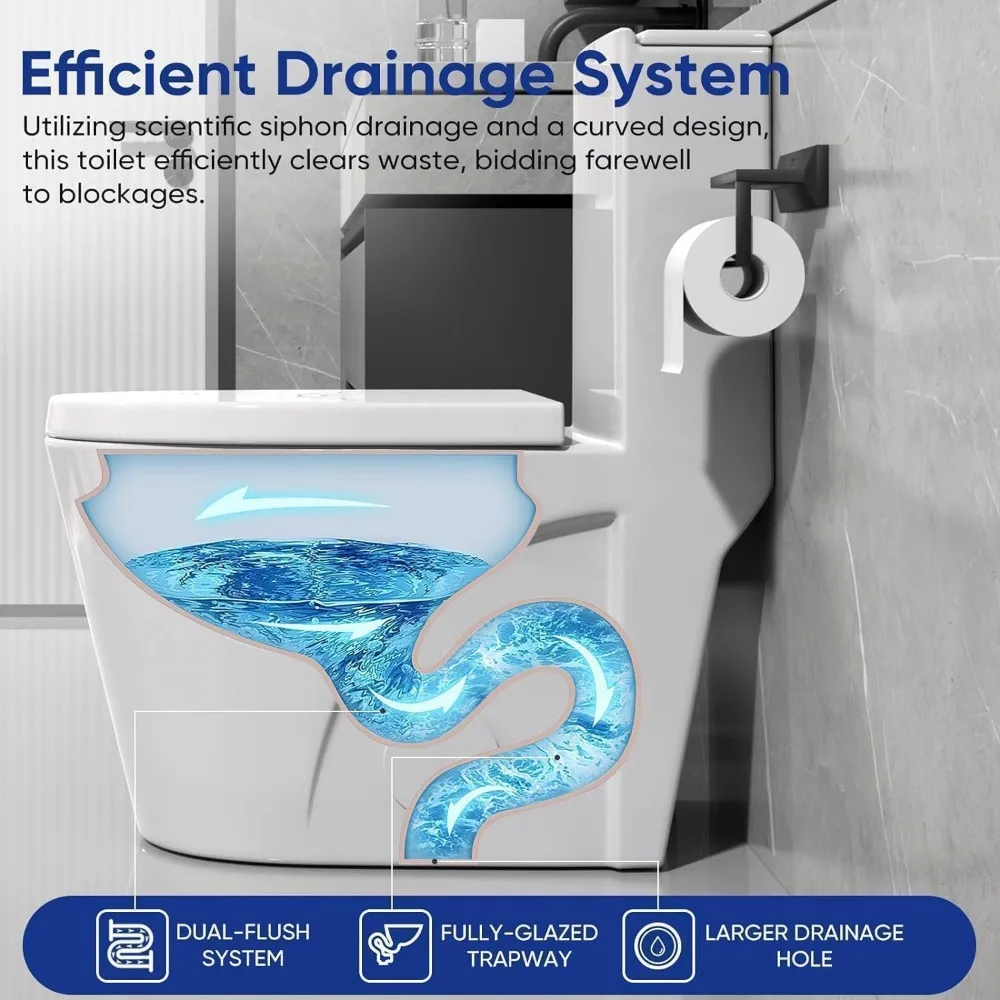One Piece Toilet,  Elongated Dual Flush Toilet with 15.5"W Soft Closing Seat, 17" Comfort Height Seat,  Toilets for Bathroom 4