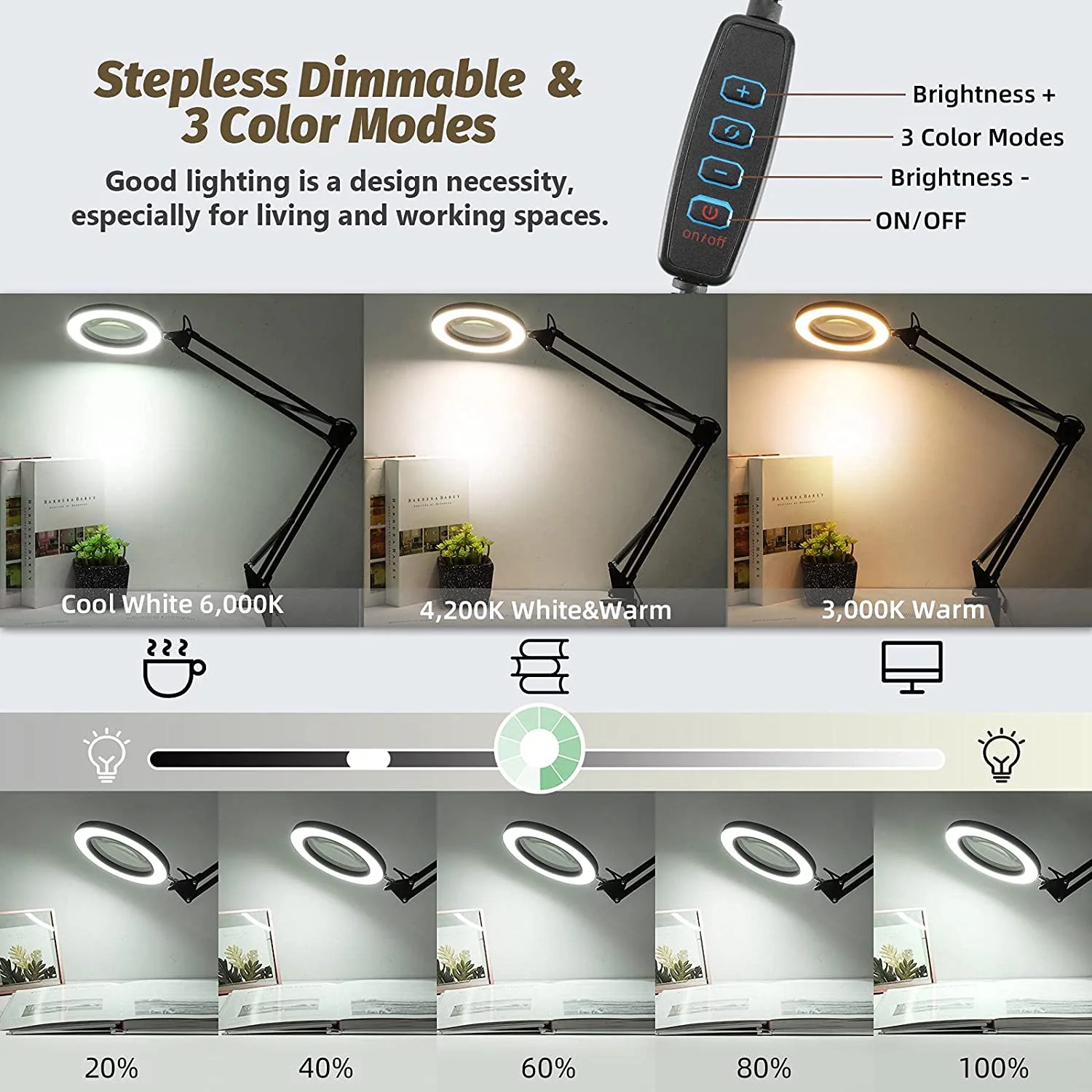 LED Magnifying Lamp with Clamp, 8-Diopter, 10x Real Glass Lens, 3 Color Modes and Stepless Dimmable Magnifier Desk Lamp,Adjustable Swivel Arm