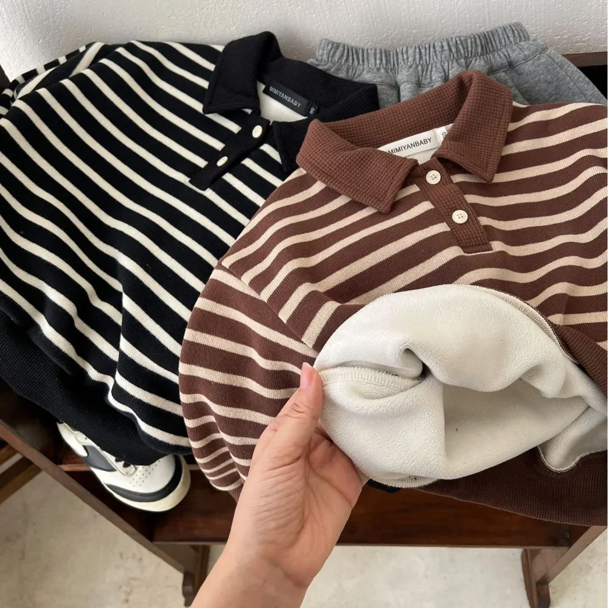 

Children's Sweater 2023 Winter New Boys' and Girls' Lapel Thickening Sweater Baby Striped Pullover Thick