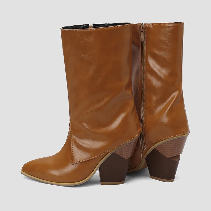 Kcenid Ladies Pointed Toe Solid Mid-Calf Boots Fashion Chunky High Heels women's Cowboy Boots Party Vintage Woman Shoes