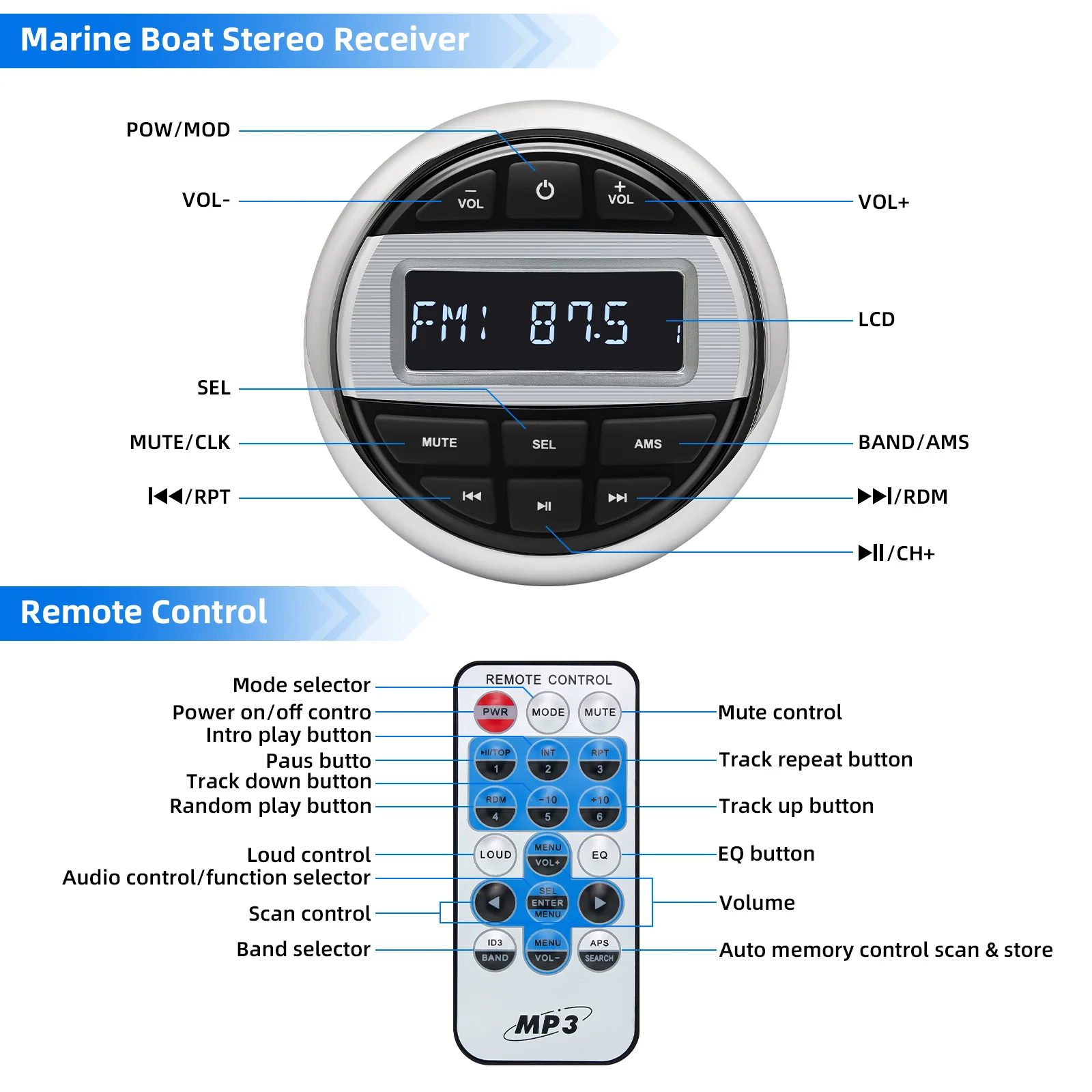 Boat Radio MP3 Media Player Stereo Marine Radio Bluetooth-compatible AUX Interfa