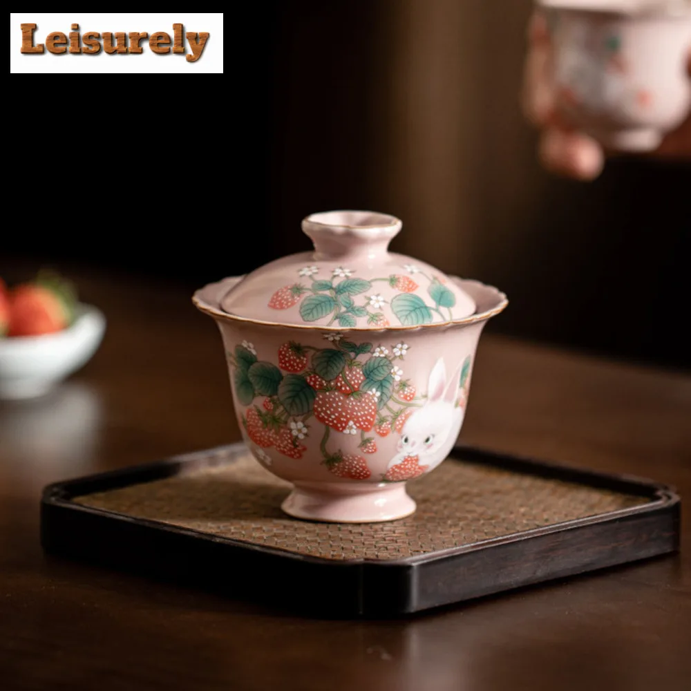 100ml Boutique Pink Ru Kiln Gaiwan Luxury Strawberry Rabbit Tea Tureen Household Tea Maker Cover Bowl for Accessories Gift