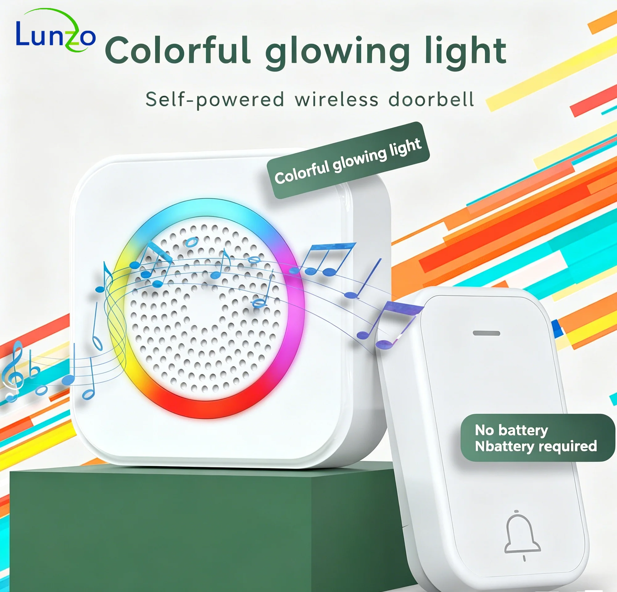 LUNZO 013 컬러풀 라이트 자가발전 무선 배터리 없는 LED 사운드 감지식 홈 보안용 초인종