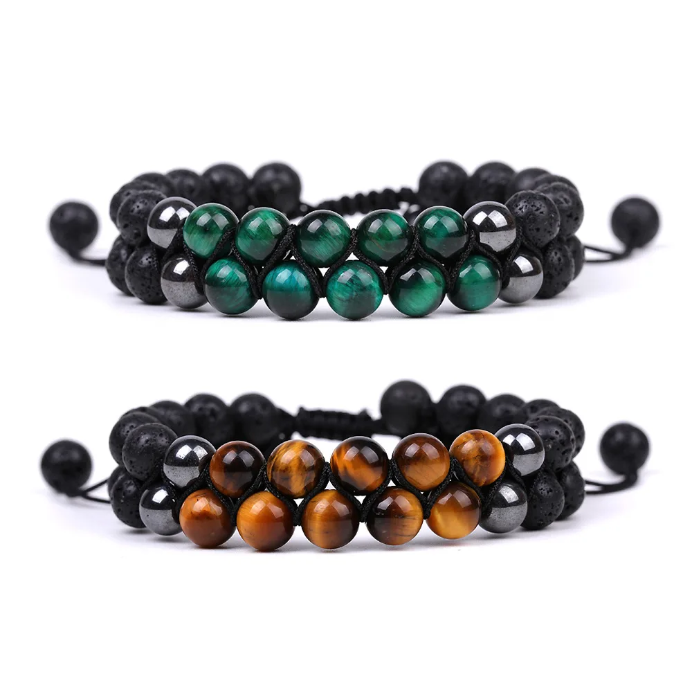 Blue Green Red Yellow Tiger Eye Stone Braided Bracelet Female Lava Stone Double Layer Adjustable Bangle For Women Men Lover Gift