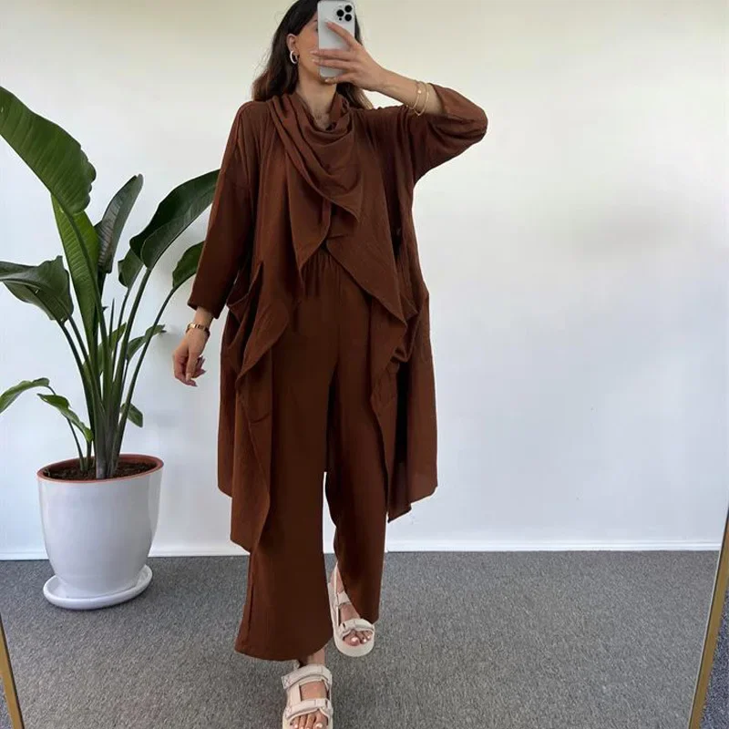 Fashionable Loose Solid Color Fitting Casual Pocket Shawl Collar Cardigan Shirt Cropped Pants Two Piece Set for Women