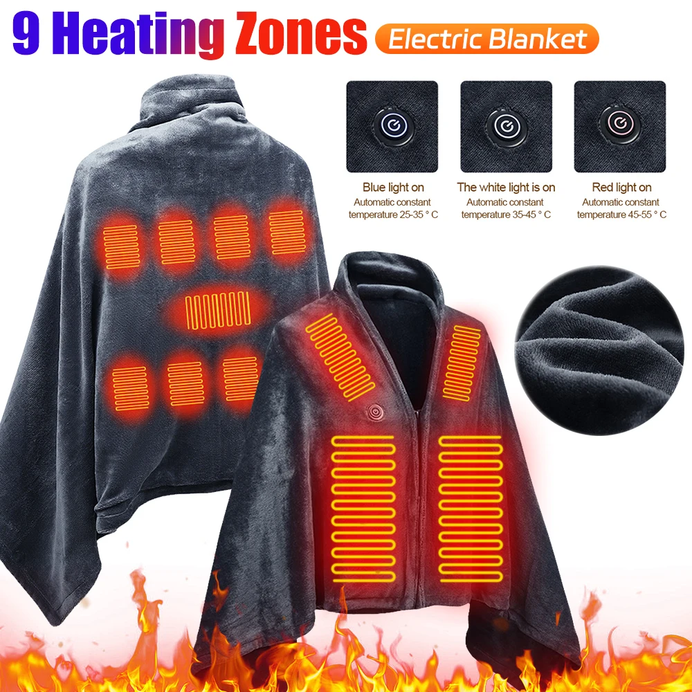 USB Electric Heated Blanket 9 Zones Heating Electric Blanket Wearable Flannel Shawl Body Warmer for Outdoor Camping 전기매트