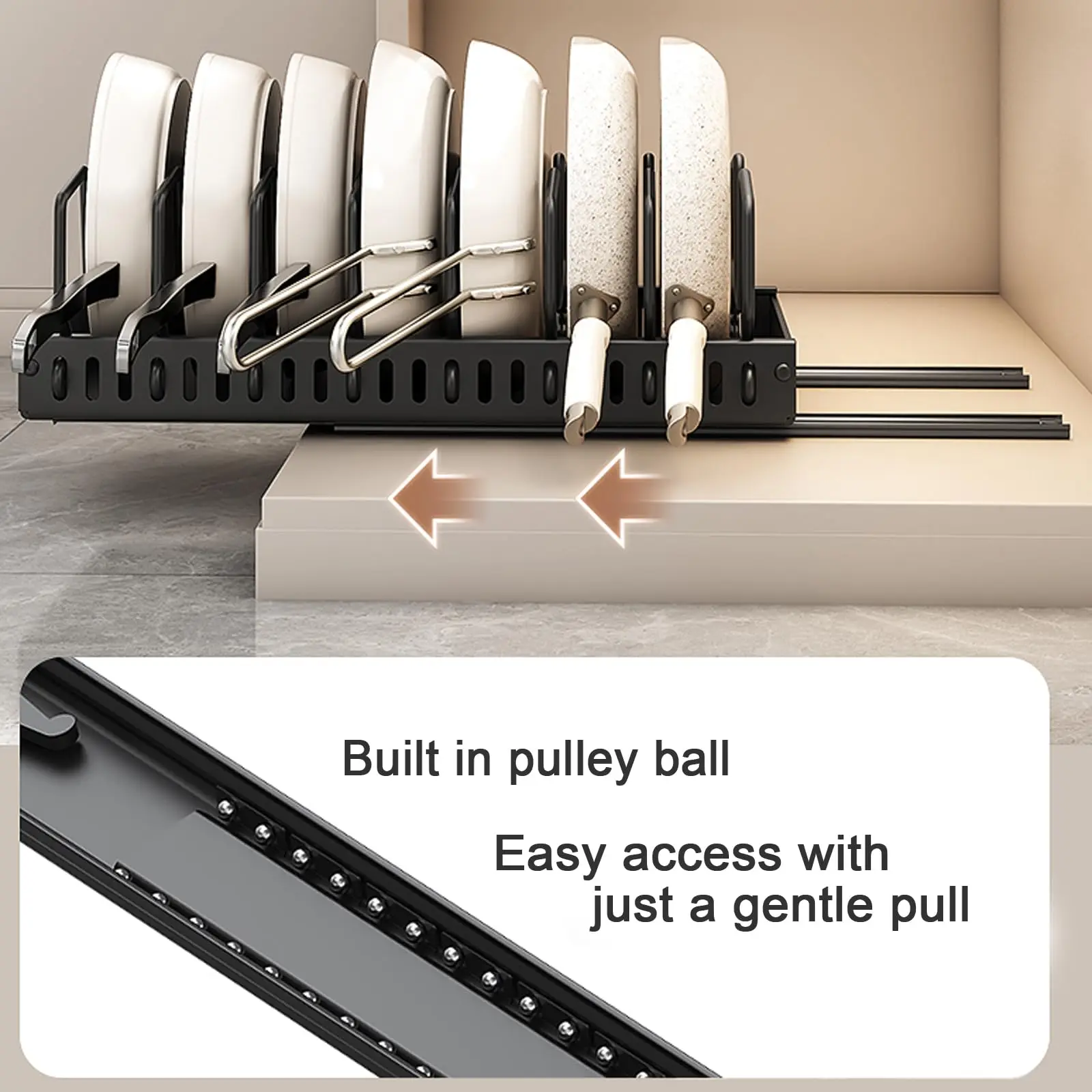 Pots and Pans Organizer Under Cabinet,Sliding Pot Lid Holder and Pan Rack Kitchen,Pull out Pot and Pan Organizer,Dishes Storage 5