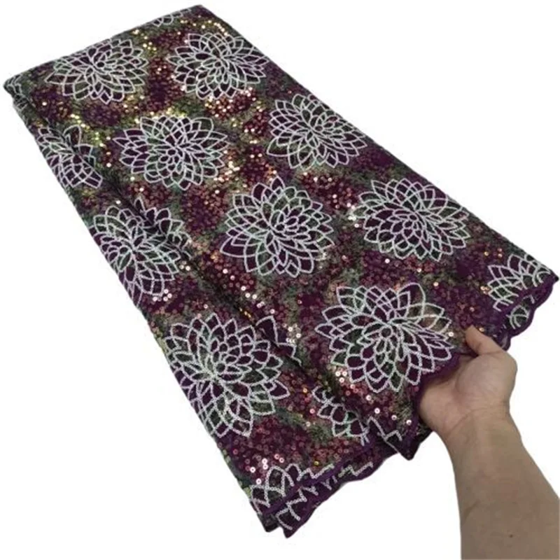 

Multicolor Latest Embroidery African Lace Fabric 5 Yards purple High Quality Nigerian Women Wedding Sequins French Tulle Lace