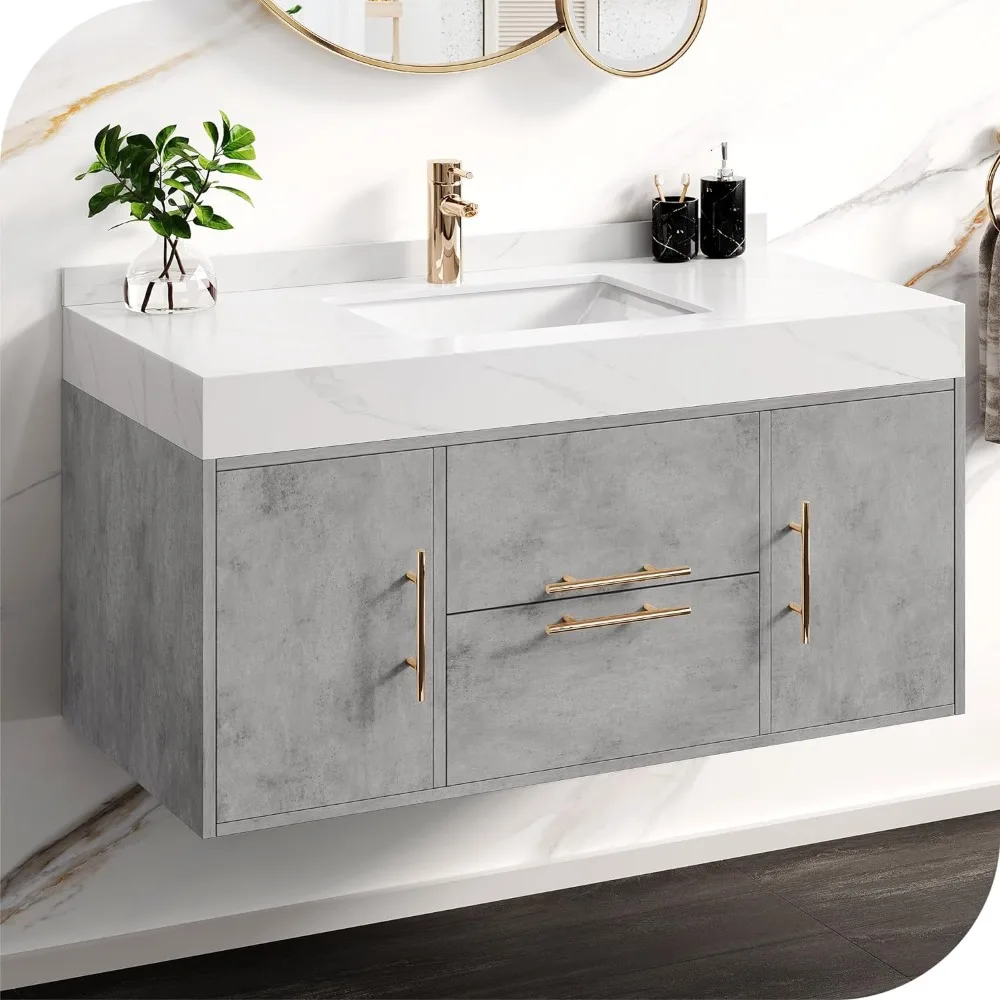 40 Inch Bathroom Vanity, Wall Mounted Vanity with Sintered Stone Countertop and Ceramic Basin Sink, Bathroom Cabinet with Sink