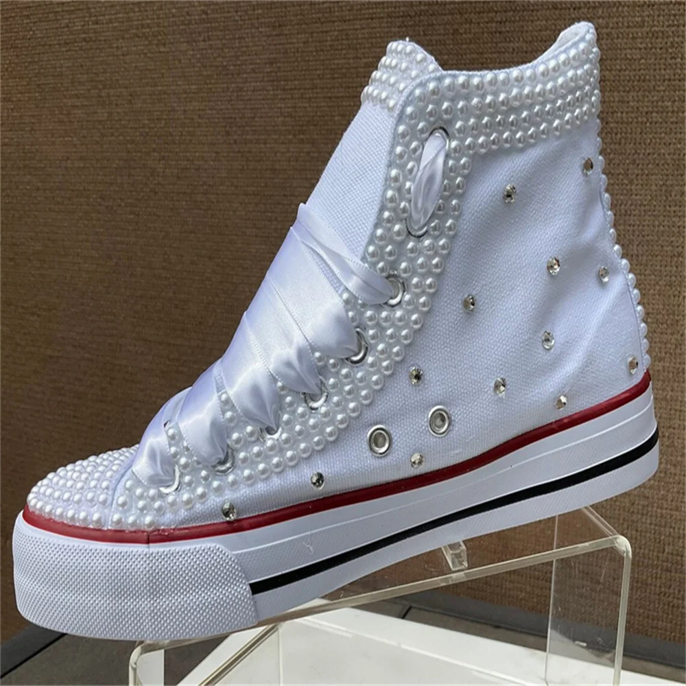 White high top pearl rhinestones ribbon style canvas shoes integrated sports casual shoes women's 35-44
