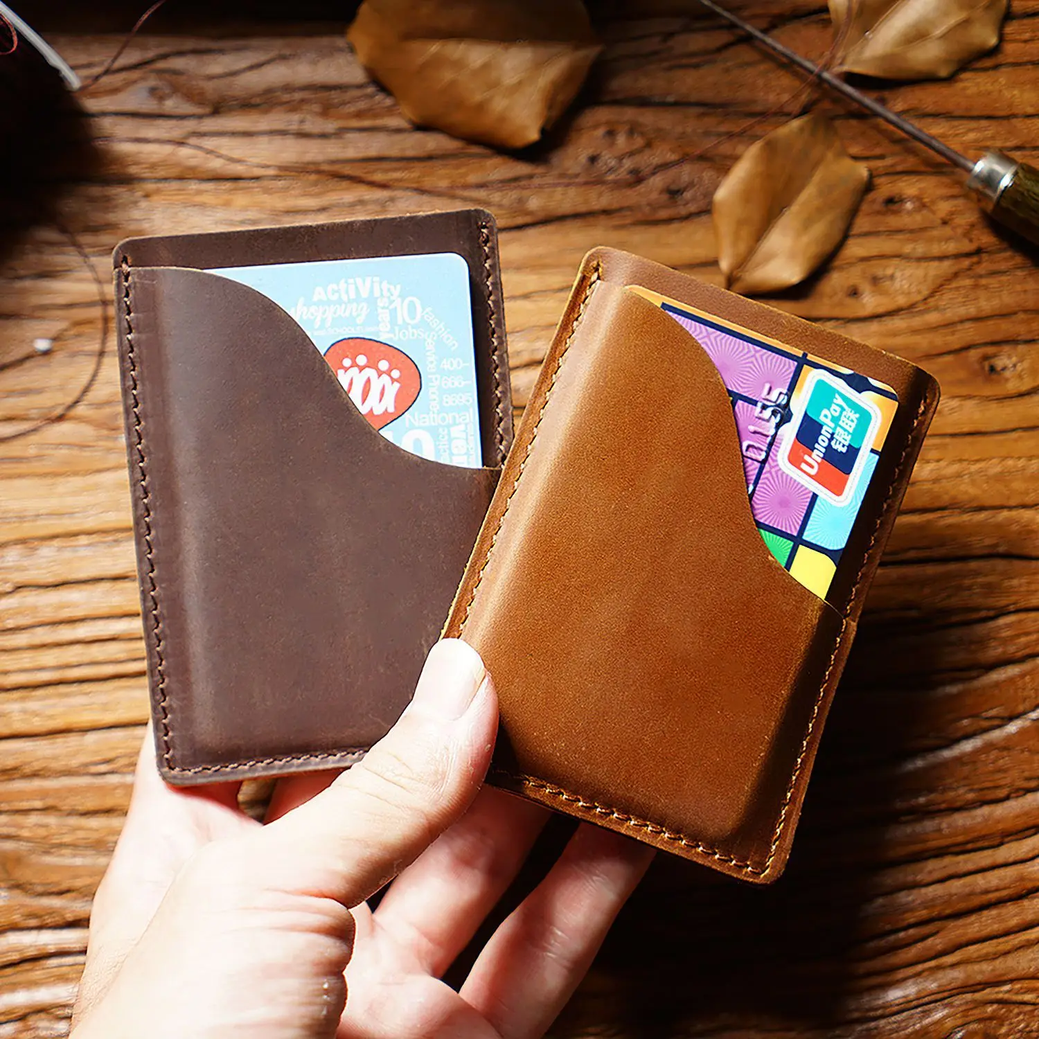 Top-Grain Leather Card Holder-Vintage Crazy Horse Leather Multi-Functional Wallet, Minimalist Coin & Bank Card Organizer Case