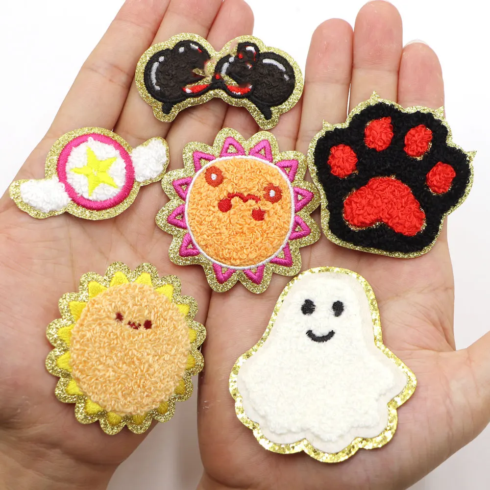 1pc Bögen Sonnen abzeichen bügeln auf Patches für Kleidung Chenille gestickte Patch DIY Applique Patches mit Goldrand Reparatur Patch