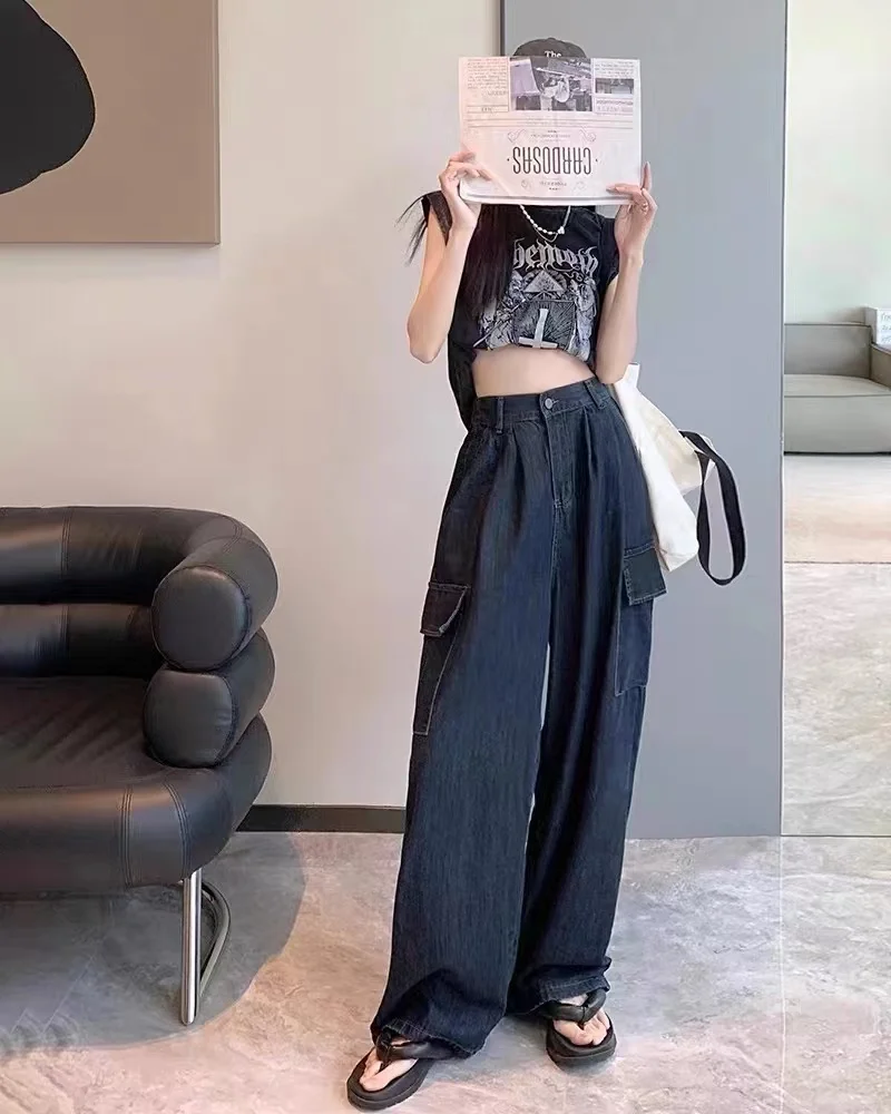 Autumn Women Harajuku Cargo Baggy Blue Jeans Streetwear Hip Hop Oversize Casual Wide Leg Vintage Demin Pants Y2k Loose Trousers diamond stitching side hollow high waist straight loose jeans 2023 fashion women summer new wide leg demin trousers streetwear