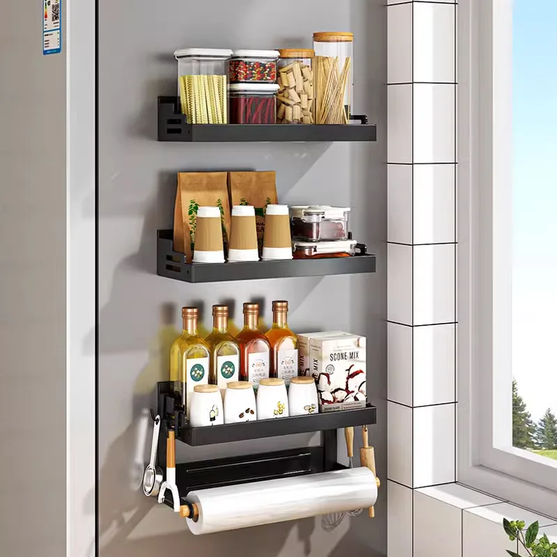 

Magnetic Refrigerator Shelves Kitchen Wall mounted Side Refrigerator Storage Rack Bag Seasoning Storage Organizer Space Saving ﻿