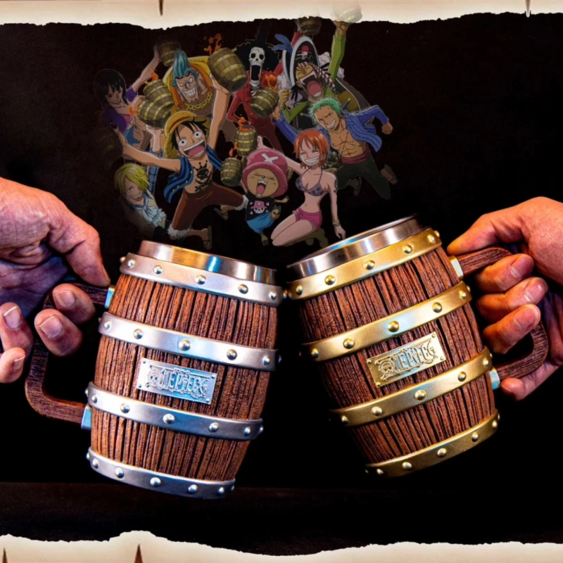 One Piece Barrel Cup Figure Rufy Ace Sabo Wine Cheers Series Gold Silver Ornament Doll Pvc Action Model Collection Regalo Per Bambini