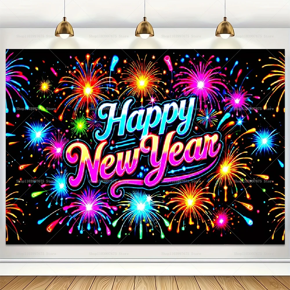 Description Picture 4 of item2025 Happy New Year Photo Backdrop Neon Glow Firework Ballon Graffiti Background Family Eve Party Decor Poster Banner Booth Prop