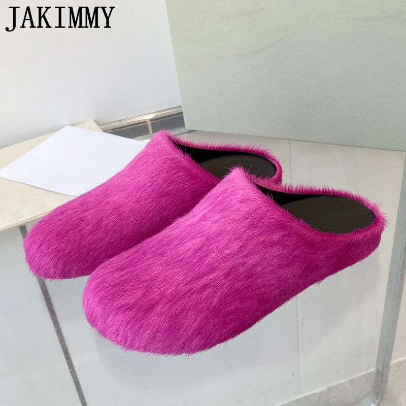

Designer New Horsehair Half Slippers Women Wrap Toe Flat Platform Fur Slides 2023 Autumn Casual Party Beach Walking Flat Slipper