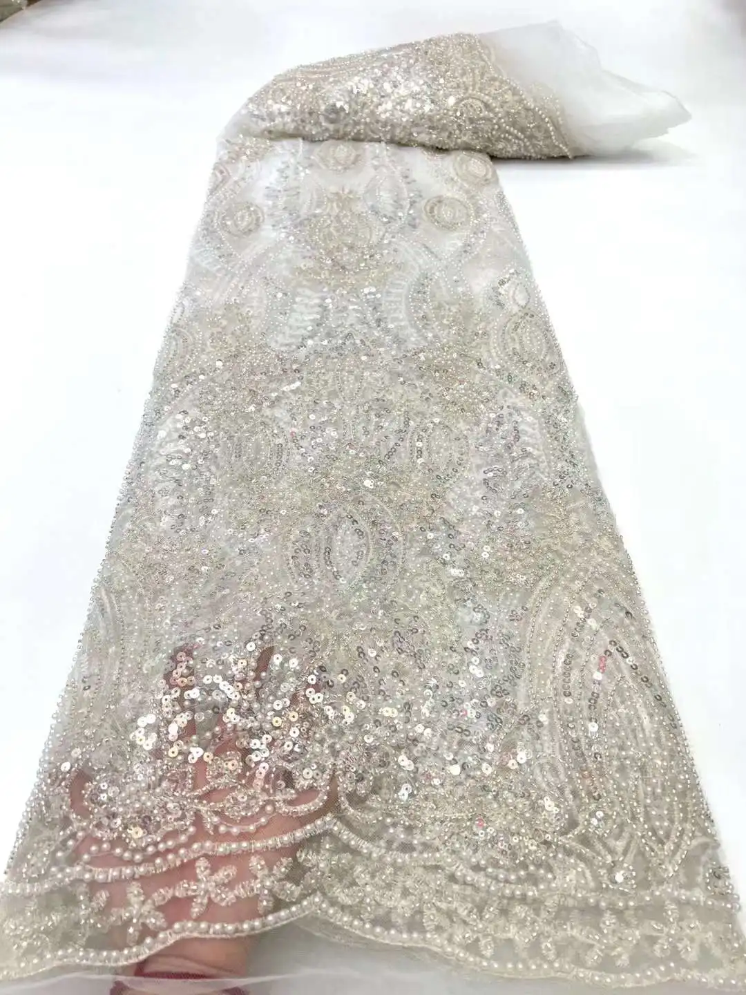 

White Color Embroidered Tulle African Material French Lace Fabric with Pearls SequinH-21.8202 for Lady Party or Wedding Dress