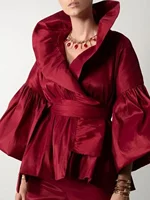 Puff Long Sleeve Ruffles Blouse Office Lady Solid Color Women Wrap Shirts Lapel Collar Elegant Shirt Woman Fashion Female 2024 - Image 4