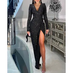 2023 Autumn Winter New Women's Closing Gold V-neck Padded Shoulder Slit Formal Dress Elegant Fashion