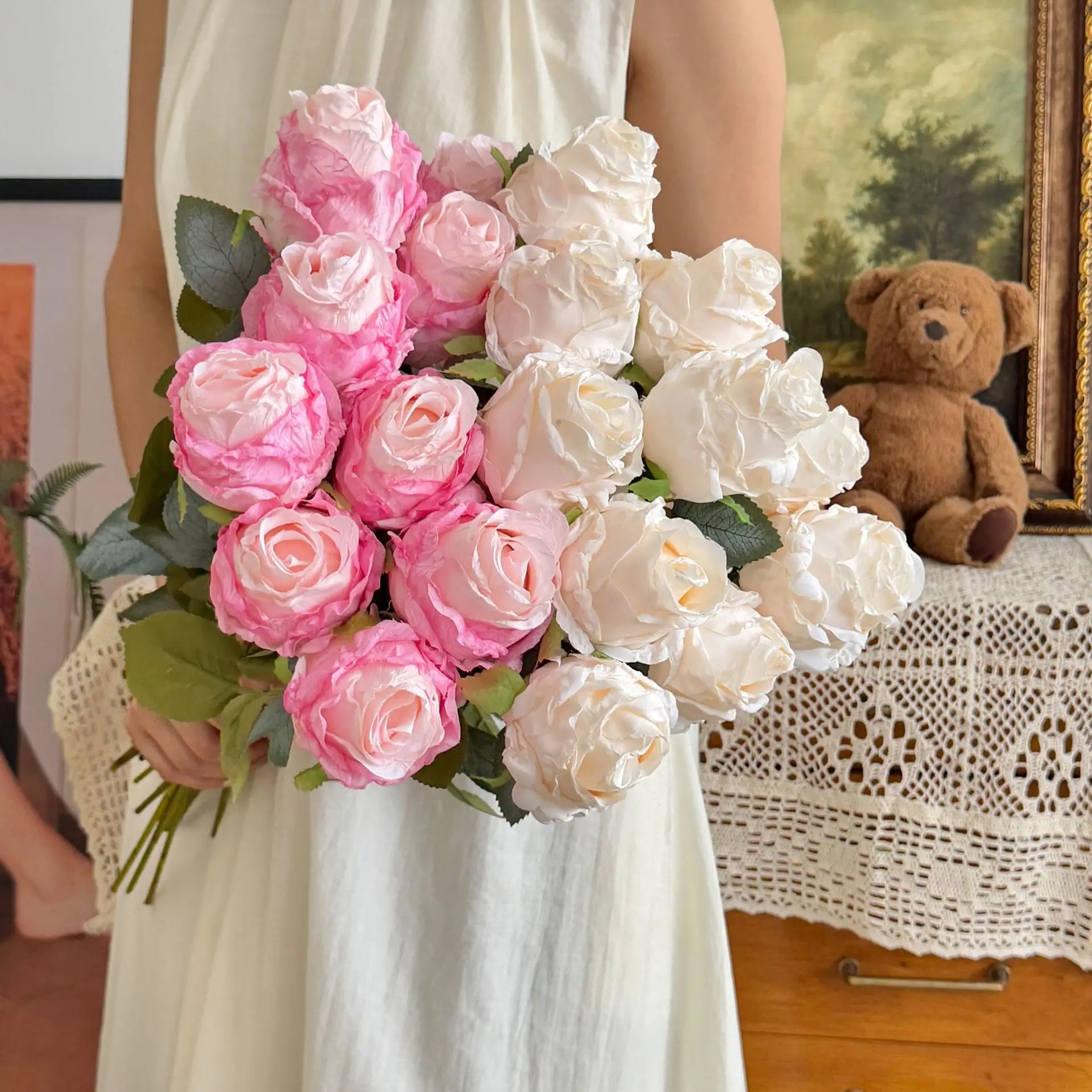 10 Stück Künstliche Seidenrosen mit Verbranntem Rand, Heimdekoration, Hochzeitsstrauß, Brautstrauß, Blumenarrangement, Künstliche Rose