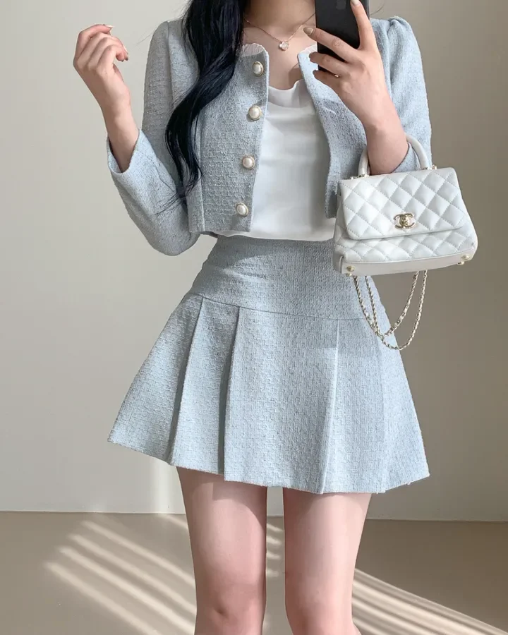 Korean Fashion Elegant Tweed Short Jacket Cropped Coats + High Waist Mini Skirts Suits Autumn New Slim Women Two-Piece Sets