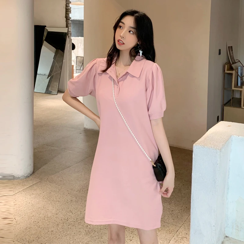 

2023 New Vintage Bubble Sleeve Sweet Slim Sporty Polo Collar Loose Dress Free Shipping
