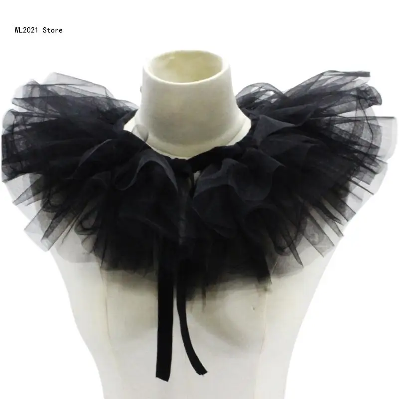 

Women Victorian Ruffled Mesh Fake Collar Shawl Retro Layered Tulle Detachable Neck Ruff Decorative Clown Cosplay Choker