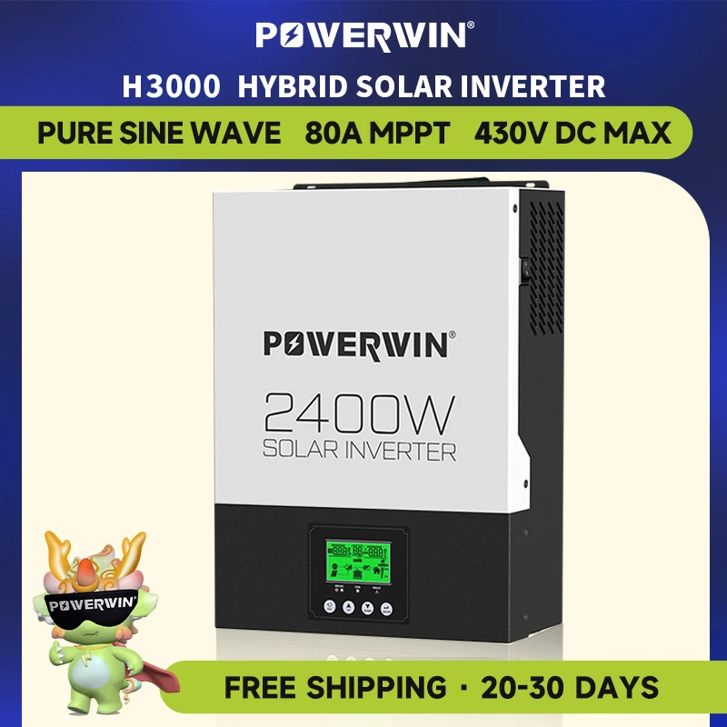 

POWERWIN HI3000 2400W 24V Pure Sine Wave 3000W 80A Hybrid Solar Inverter MPPT Bidirectional Charge Regulator Off-Grid LCD 12V