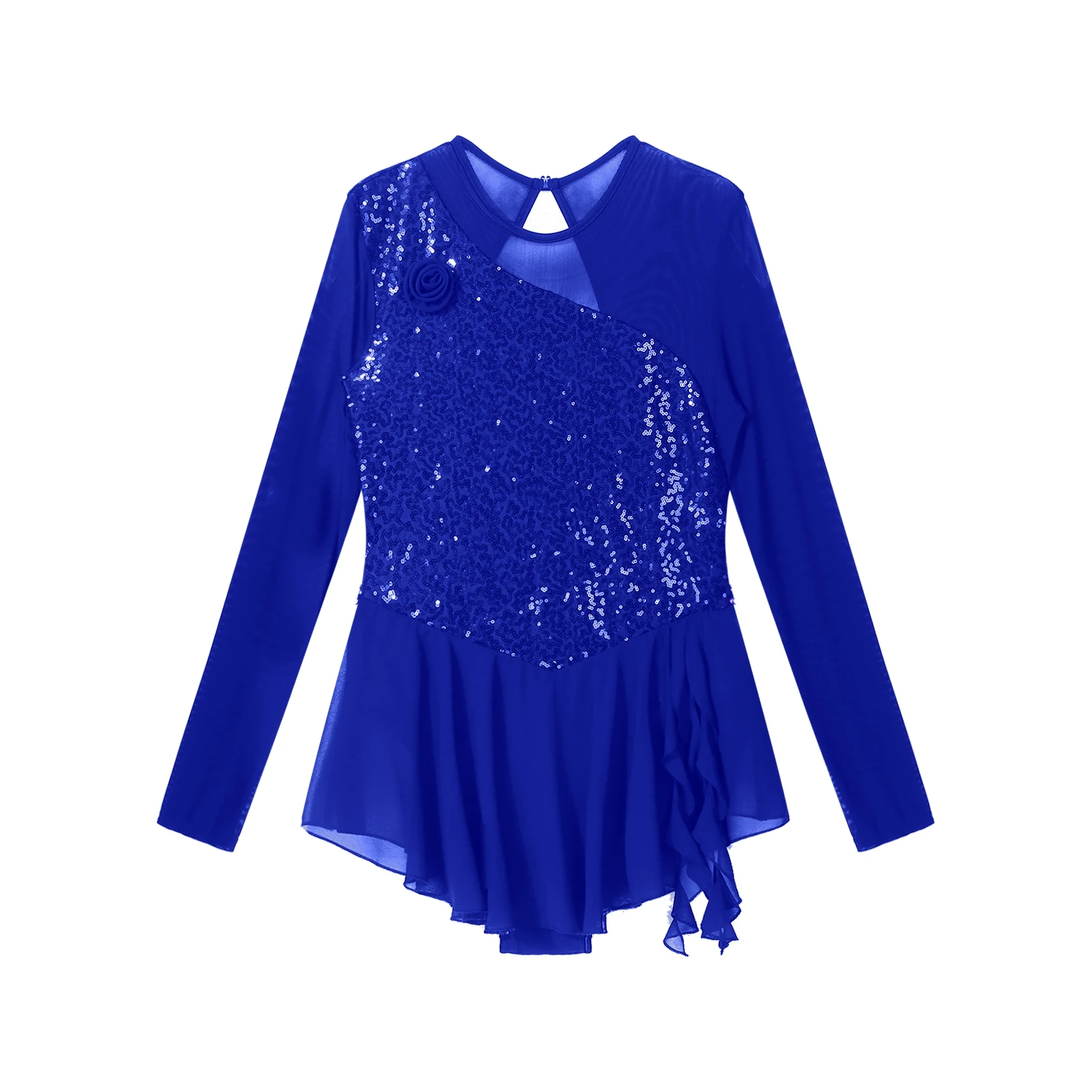 Womens Ballet Dance Dress Glittery Sequins Sheer Mesh Patchwork Dress Dancewear for Dance Figure Ice Skating Competition