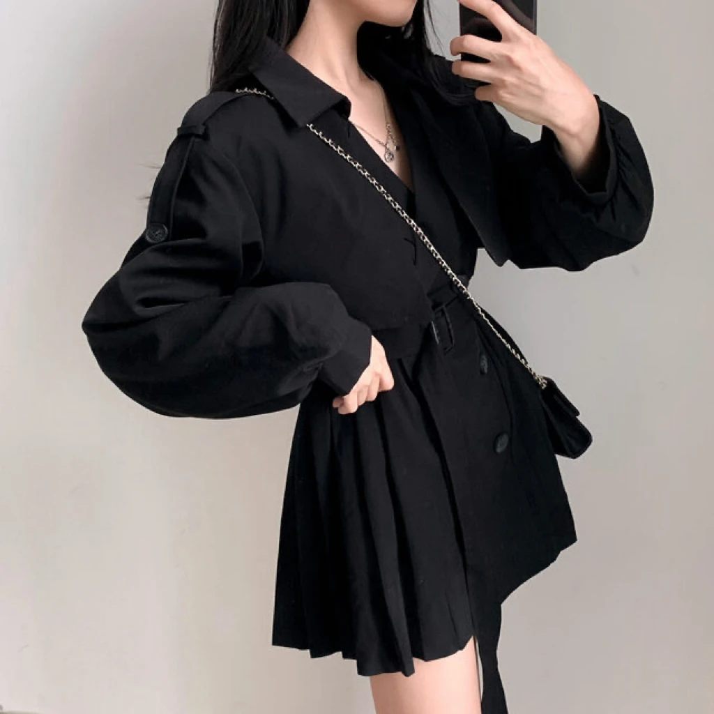 Gabardina elegante y plisada de estilo coreano para mujer, vestido con cinturón, cuello vuelto, doble botonadura, liso, para otoño