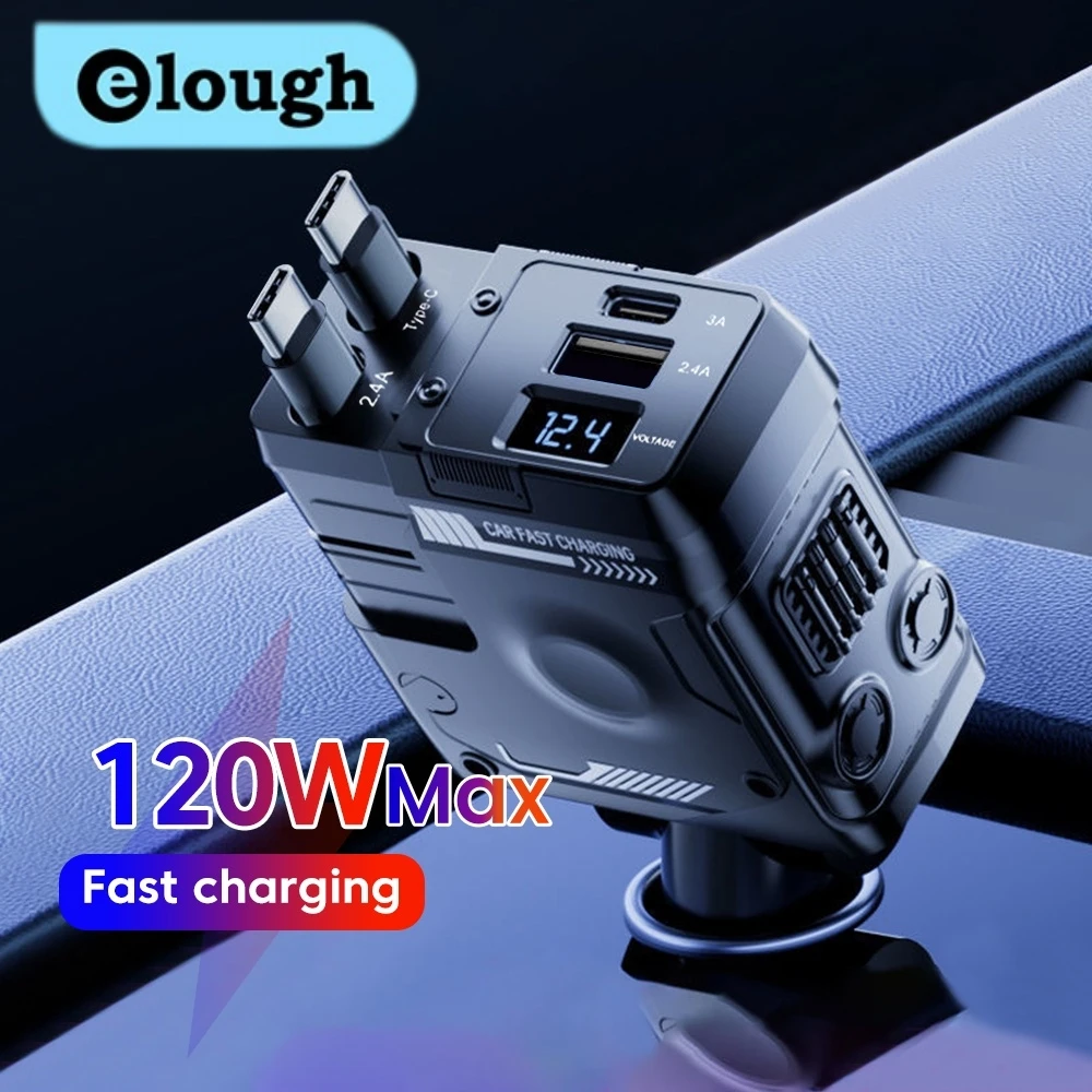 Elough 120W Cargador de coche Carga flash súper rápida USB/Tipo C Cargador multipuerto Cable de expansión 4 en 1