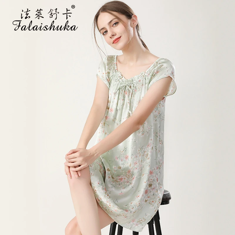 

16 momme 100% silk nightdress women sleepwear fresh Short sleeve nightgowns natural silk sweet floral sleepdress S5688