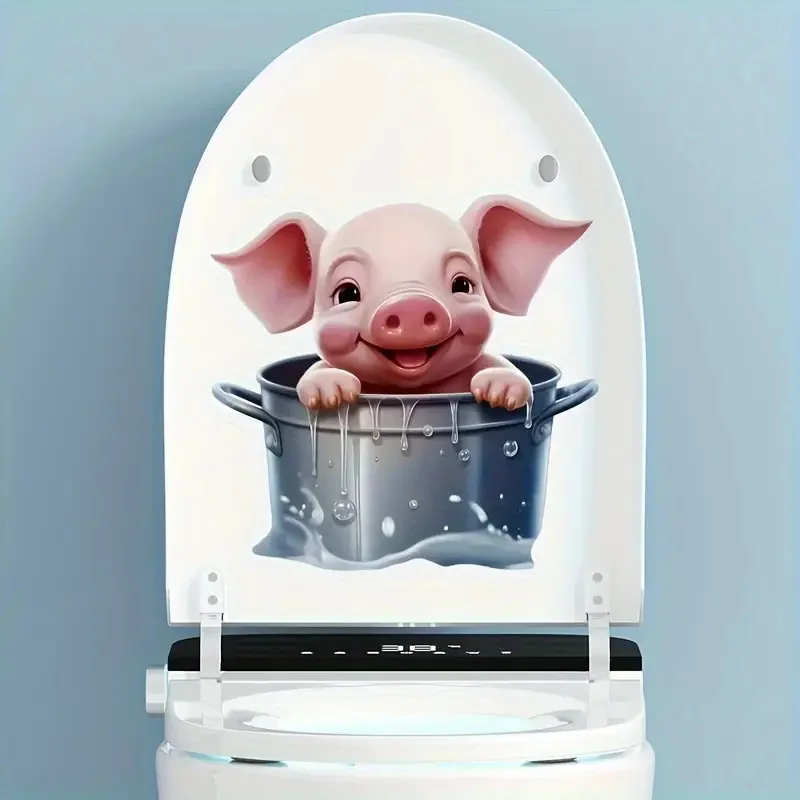 Adorable Cartoon Pig in Bucket Self-Adhesive Wall Decal Removable, Reusable PVC Sticker for Toilet Lid, Bathroom Decor