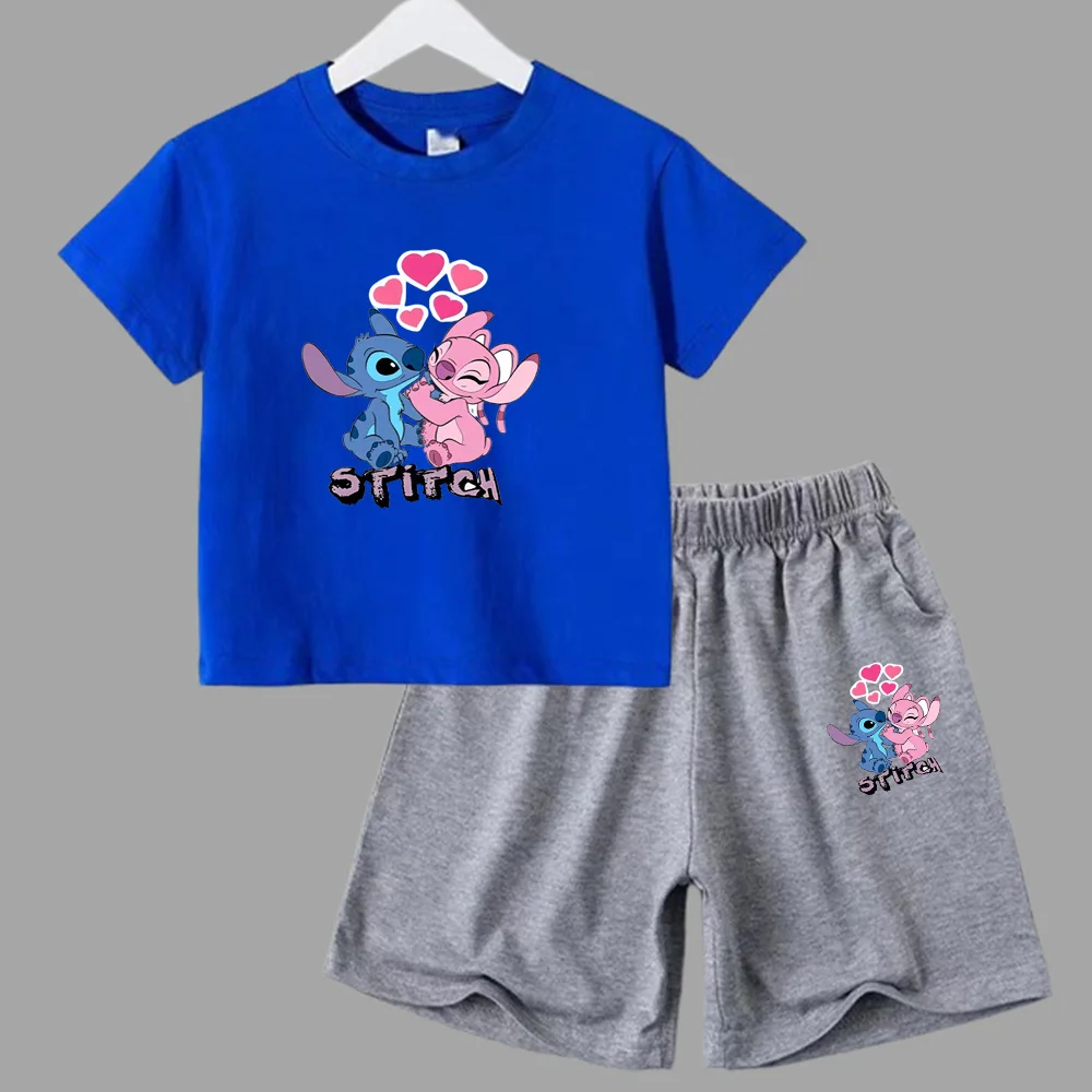 thumbnail image 1 of Nuevo conjunto de camiseta y pantalones cortos de verano con dibujos animados de Disney, bonito Stitch Angel para niños y niñas, ropa de algodón para niños, conjunto informal de 2 piezas para niños, 1 of 5