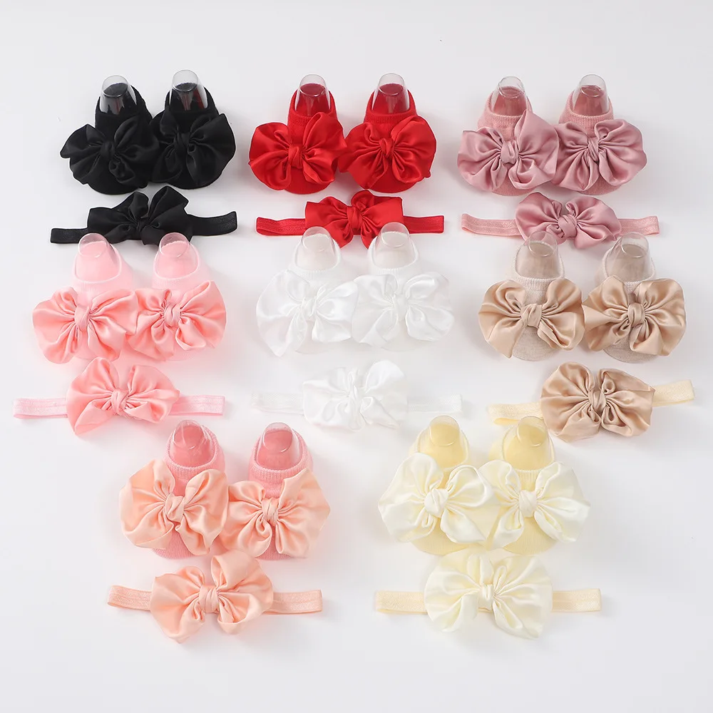 Fashion Baby Girls Headband + Socks Set 0-12 Months Cute Non Slip Toddler Princess Socks Autumn Infant Bow-knot Socks