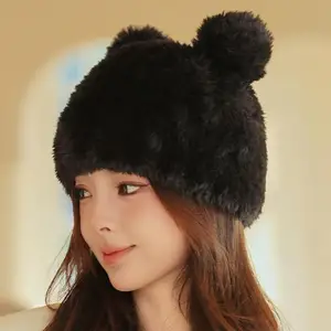 Winter Hats For Women Cartoon Bear Ear Solid Color Windproof Thick Warm Faux Fur Beanie Casual Winter Cap Female