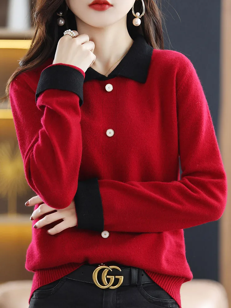 

2022 Autumn New 100% Pure Wool Cardigan Women's Polo Collar Knitted Bottoming Shirt With Sweater Coat