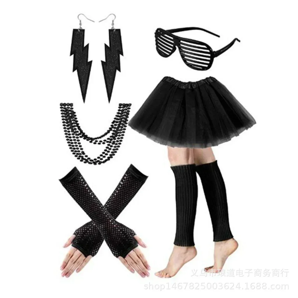 Women 80s Fancy Dress Accessories Retro Party Costume Set Adult Tutu Skirt Neon Fishnet Gloves Beaded Necklace Bracelet Earrings