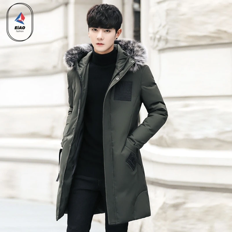 EIAO Winter Fur Collar Down Jacket Men Long High Quality Thick Warm White Duck Down Coat Snow Camping Cold-proof Puffer Jacket