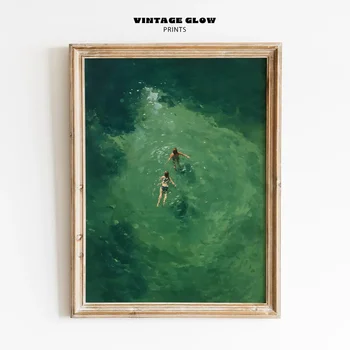Swimming in Green Abstract Print | Vintage Retro Wall Art | Minimalist Green Holiday Decor | Digital Art Gift | Instant Download 1