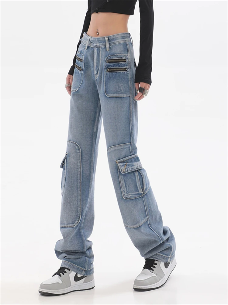 

Trousers Streetwear Y2K Low Waist Wide Leg Jeans Pockets Cargo Pants Women Aesthetic Denim Harajuku Mom Boyfriend Straight Jean