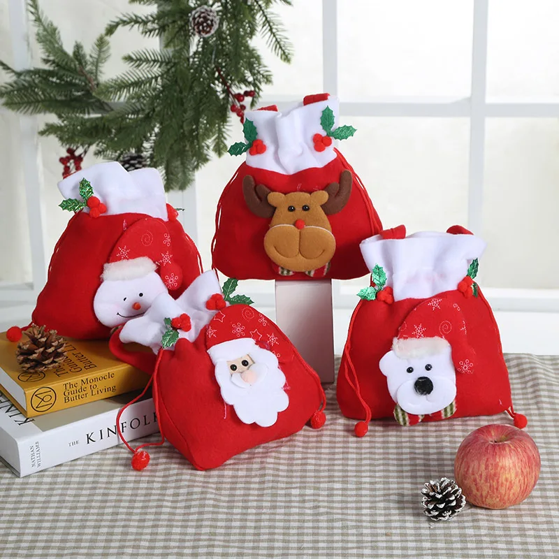 

5Pcs Christmas Gift Bag Bulk,Drawstring Gift Pouch Large With 3D Santa Claus Snowman Reindeer,Treat Goody for Xmas Party Supply