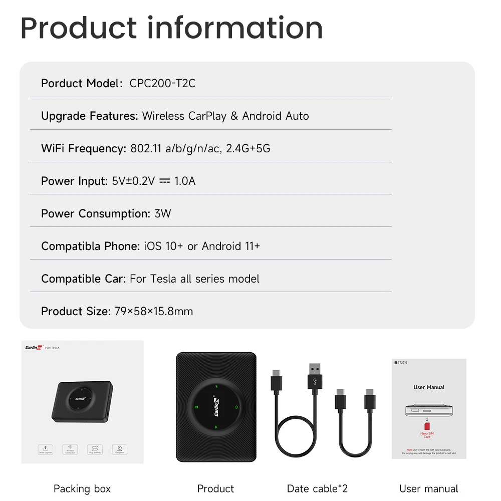 CarlinKit T2C  CarPlay For Tesla ȵ̵ ڵ   3  Y S X BT SIM ī  Tesla CarPlay Box