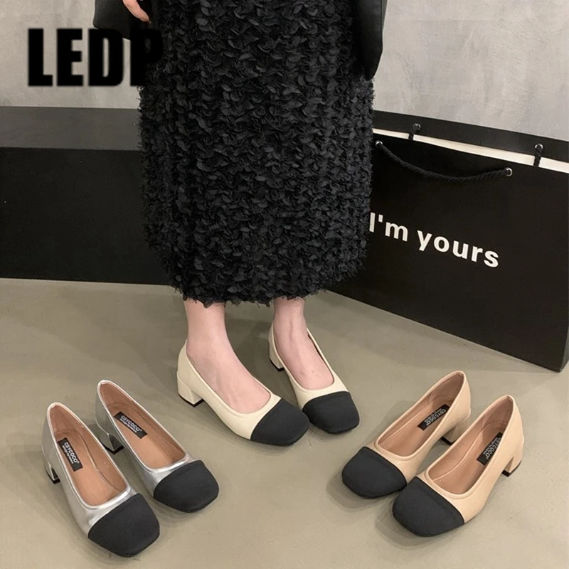 

Dress Square Toe Slip on Thick Low Heels Women Soft Leather Fashion Shallow Pumps Work Office Lady Spring Walking Single Shoes