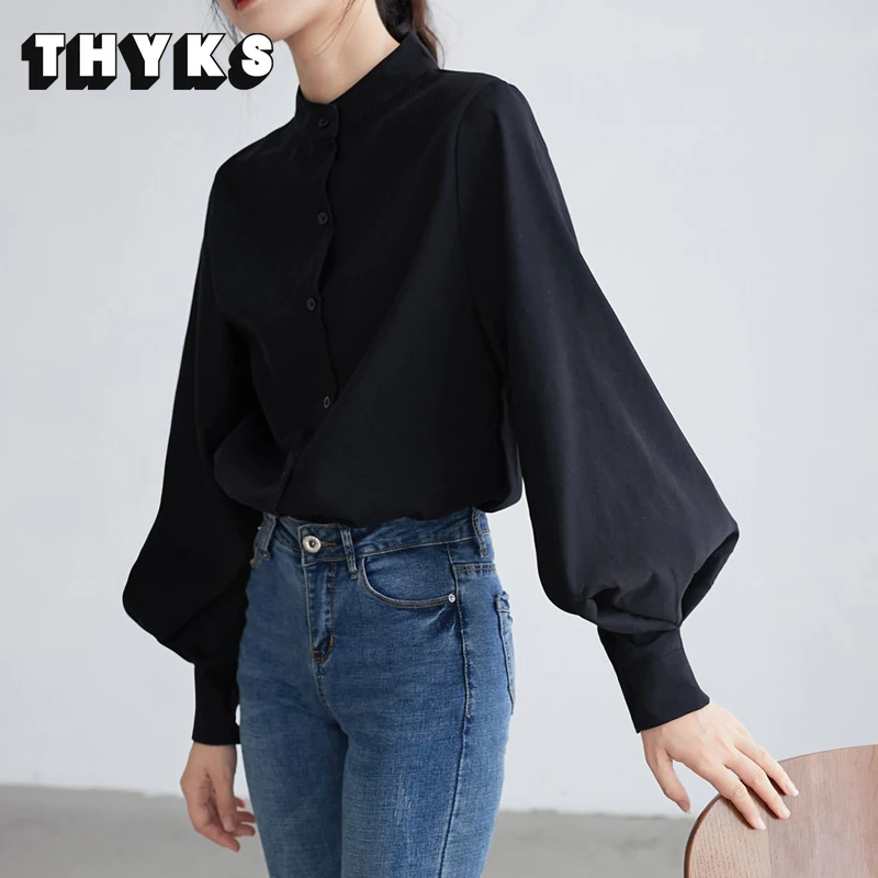 Retro Lady Shirts Spring and Autumn Lantern Sleeves Stand Collar Loose Tops Solid Color Office Women's Japanese and Korean Style