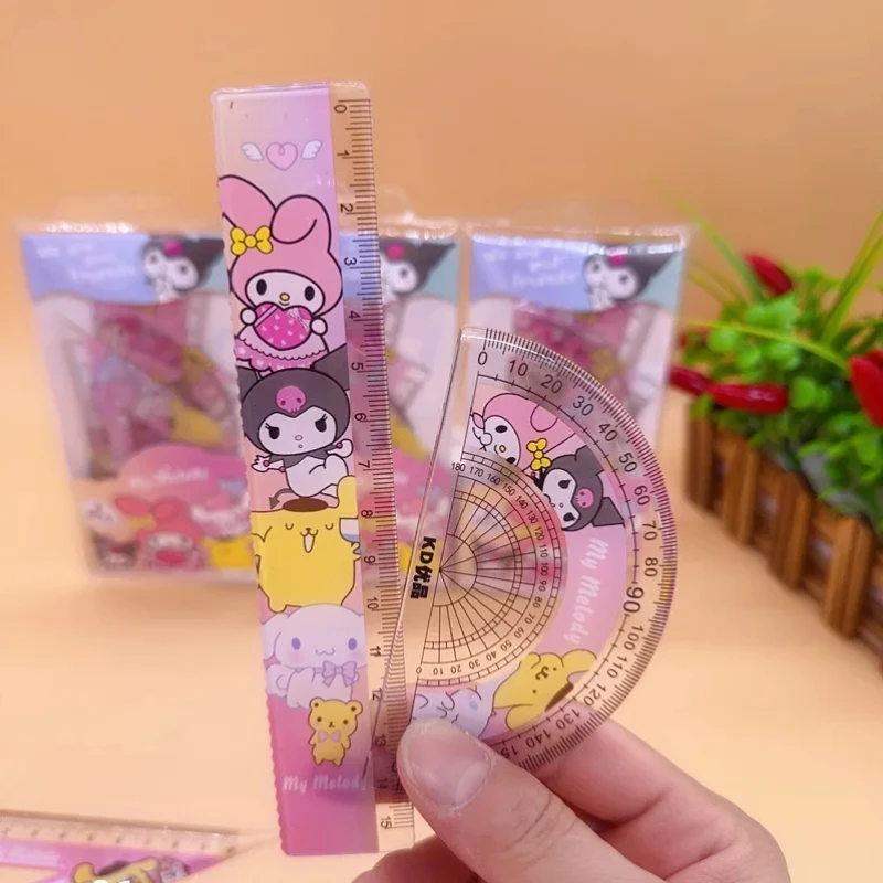 Cartoon Student Ruler 4 Piece Set Kawaii My Melody Kuromi Triangular Plate Protractor Measuring Ruler Stationery Set Gift stationery ruler